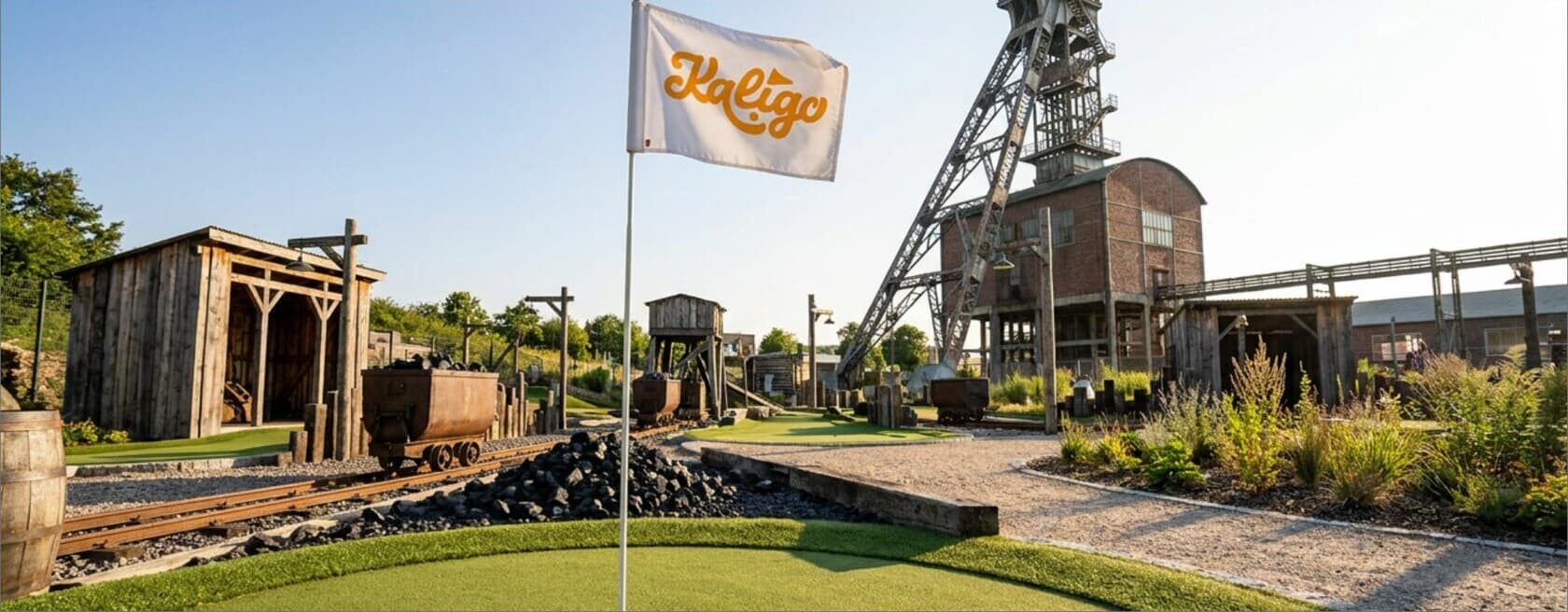Die künftige Adventuregolf-Anlage mit Kaligo-Fahne vor dem Fördergerüst